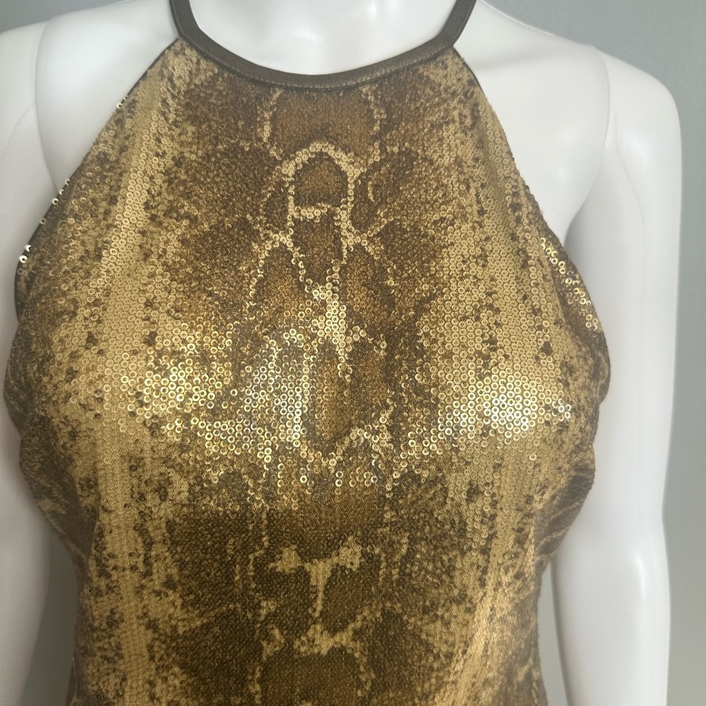 Cache Gold and Brown Mini Dress Snakeskin Sequin Stretch 4 - Picture 8 of 8